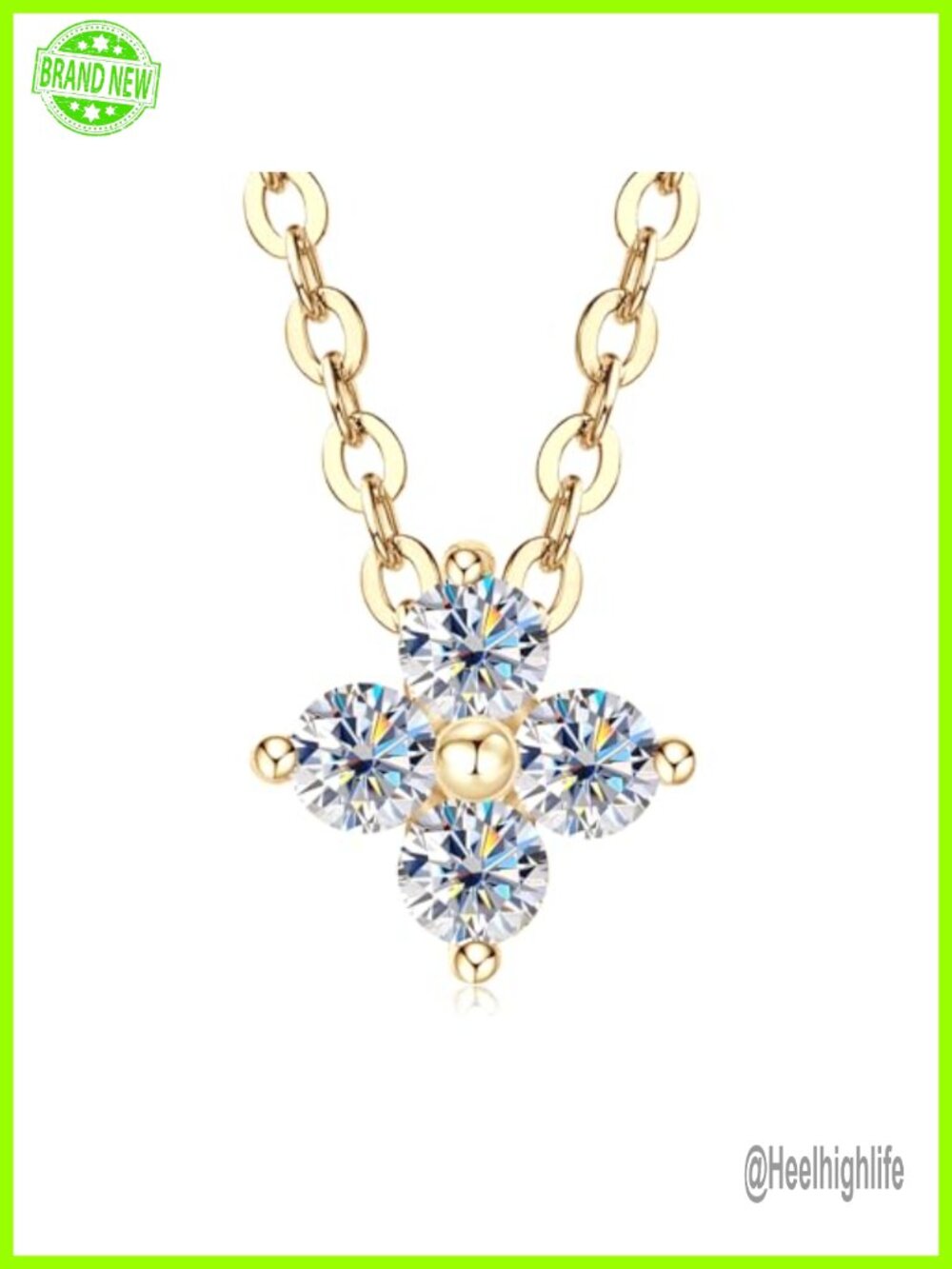 Solid 10K Yellow Gold Moissanite Four Leaf Clover Pendant Necklace